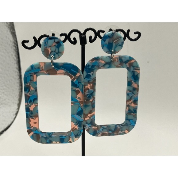 Turquoise Acrylic Dangle Geometric Resin Hoops Earrings! - Picture 3 of 8